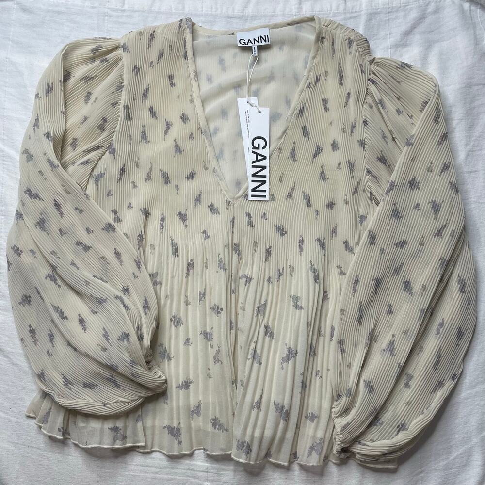 NWT Ganni Pleated Georgette Floral Blouse EU 40/ Large Women's Balloon Sleeves